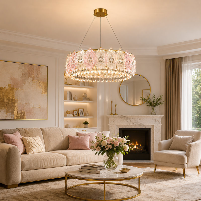 Lustre moderne avec panneaux de verre rose et lumière DEL intégrée