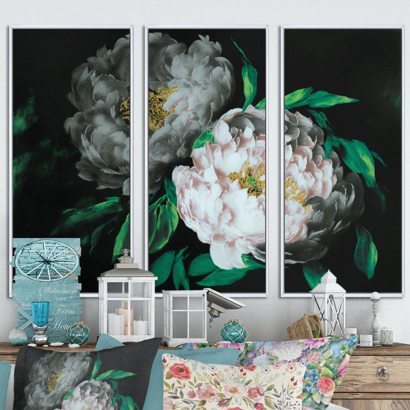 «White Blossoming Peony on Black I», reproduction de cadre flottant sur toile 3 pièces, H 28 po x l 36 po x P 1 po