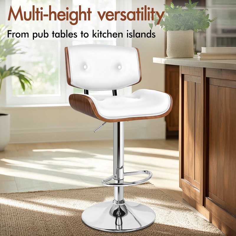 Upholstered Adjustable Height Counter Stool with Solid Wood Frame, White/Brown