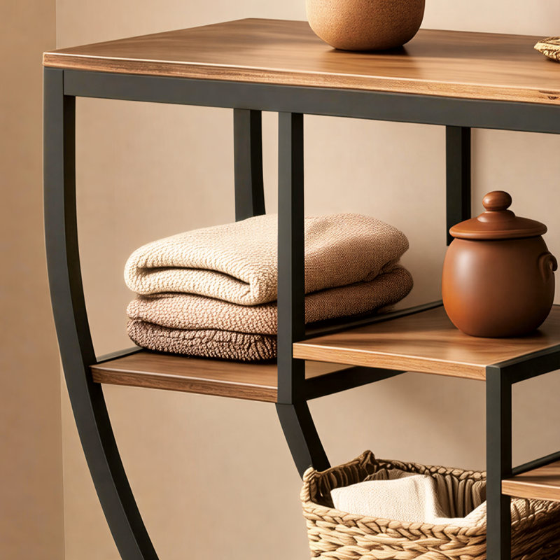Table de style industriel de 70,8 pouces, combinant bois et fer avec tablettes de rangement, idéale pour le salon ou le couloir.