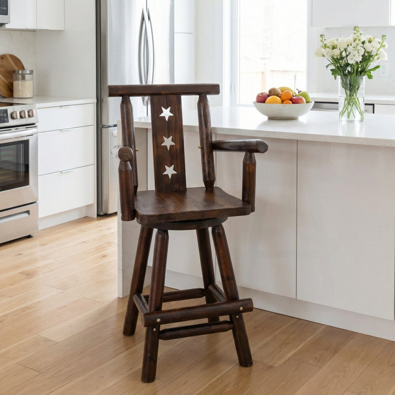 Rustic Swivel Bar Stool with Decorative Star Backrest and Footrest for Kitchen, Dining Room, or Commercial Use