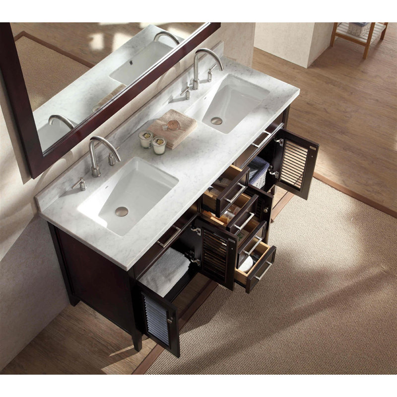 Ensemble de meuble-lavabo double 61 po Hamil, Espresso, Marbre blanc de Carrare, Forme rectangulaire