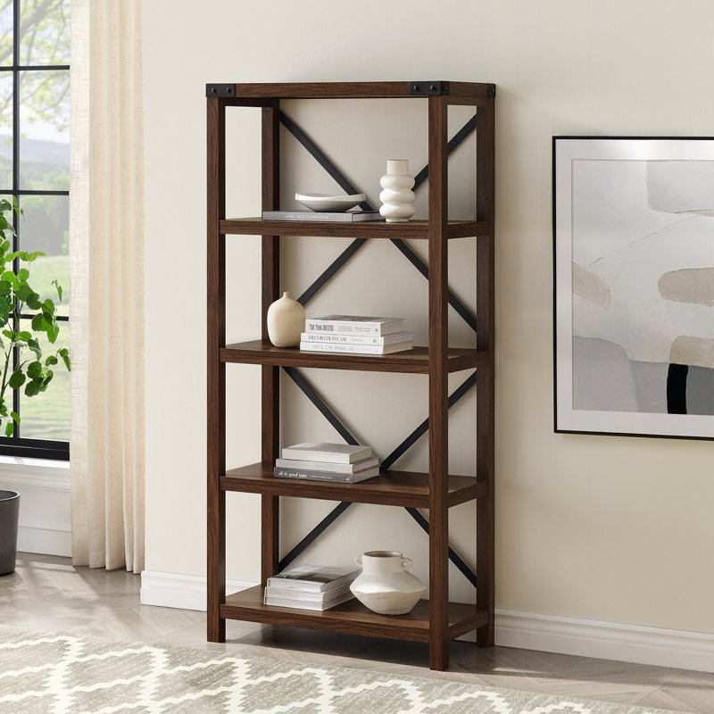 Larenda 64" Etagere 4-Shelf Bookcase, Dark Walnut