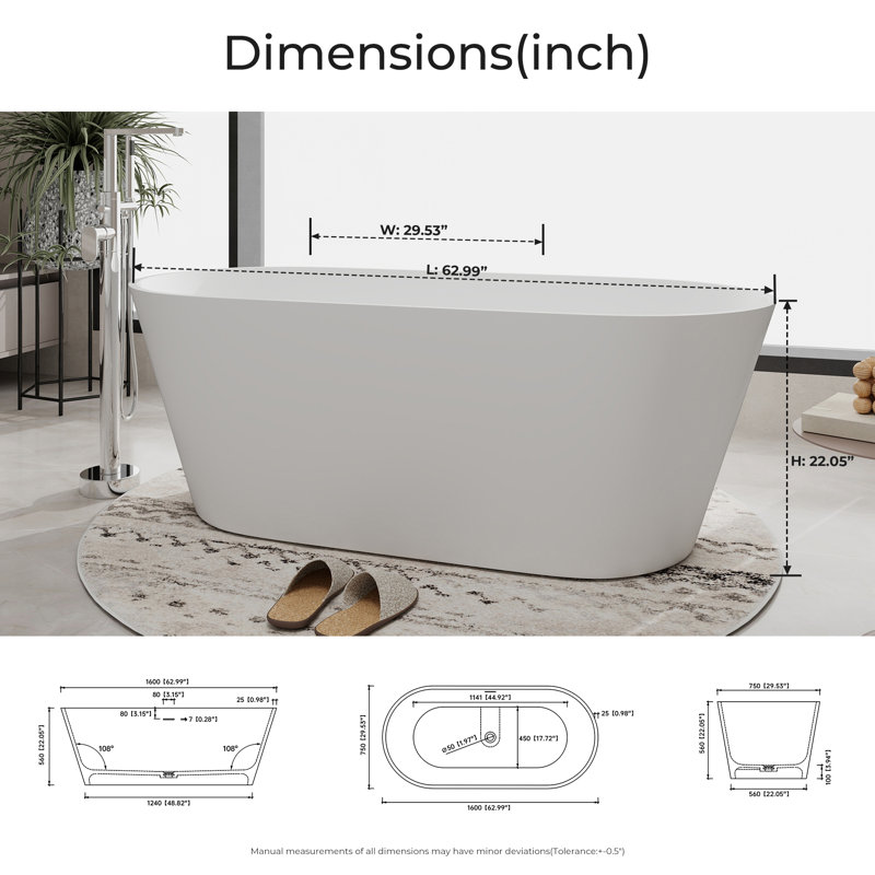 63"  x 30"  Freestanding Solid Surface Soaking Bathtub with Pop-Up Drain & Overflow, Matte White