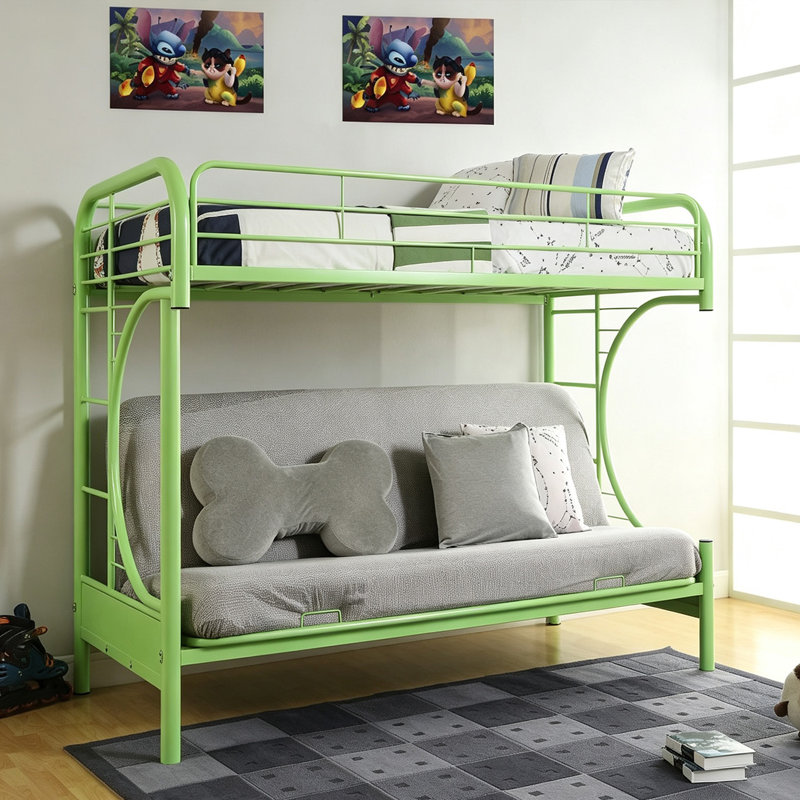 Futon lit superposé avec escalier et garde-corps de sécurité, Green