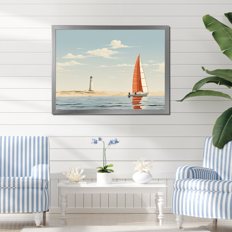 Almida " Red Sailboat At The Shore Vintage Illustration I ", Silver Single Picture Framed, 30" H x 40" W x 1.5" D