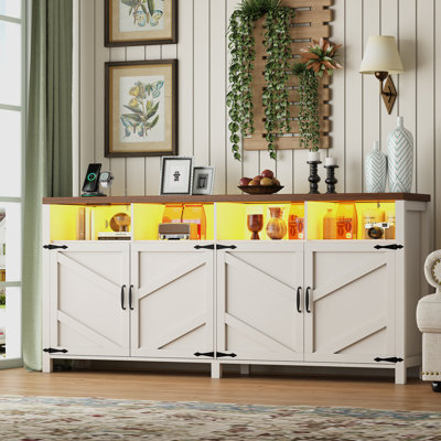 63" Smart Buffet Sideboard With Power Outlets & App-controlled Rgb Led Lights, Large Farmhouse Kitchen Storage Cabinet With 4 Doors & Open Shelves, Coffee Bar Cabinet Buffet For Dining Room, Entryway, White And Walnut