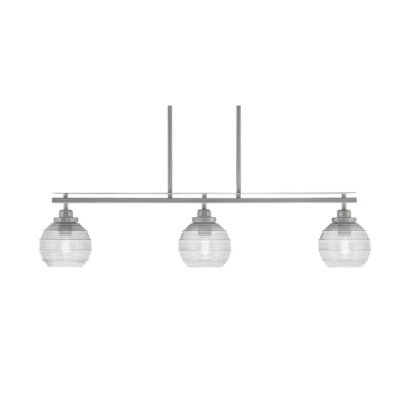 Luminaire pour îlot de cuisine 3 lumières Odyssey, Nickel brossé, Nervuré transparent, H 8,25 po x l 38 po x P 6 po