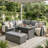 5-Piece Outdoor Patio Rattan Sofa Set, Sectional PE Wicker L-Shaped Garden Furniture Set with 2 Extendable Side Tables-1227467375