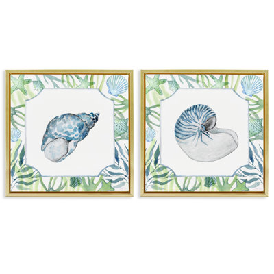 Seaweed Bordered Seashells 2pc Floating Frame Set, design by Janet Tava