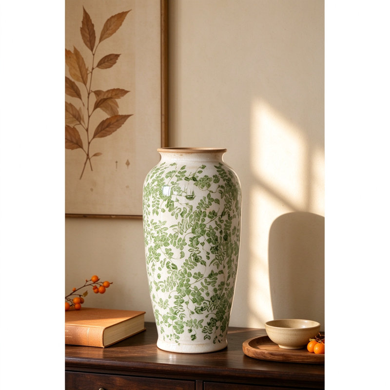 Grand vase en céramique émaillée craquelée avec imprimé floral vert rétro, vase de style campagnard pour manteau de cheminée, buffet, centre de table basse