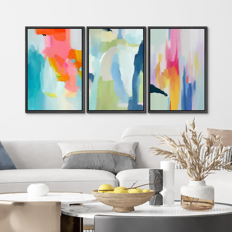 «Colorful Colorful Blue», reproduction sur toile encadrée de 3 pièces, H 36 po x l 24 po x P 1,5 po, Noir