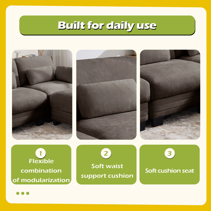 Canapé d'angle modulaire 2 places au design moderne et minimaliste capitonné, avec 2 poufs amovibles et d'épais coussins d'assise confortables, idéal pour le salon ou la chambre, en chenille.