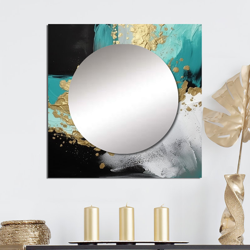 Full Moon Happiness Gold & Turquoise Abstract I - Abstract Large Square Mirror For Wall Art Decor, 29" x 29"