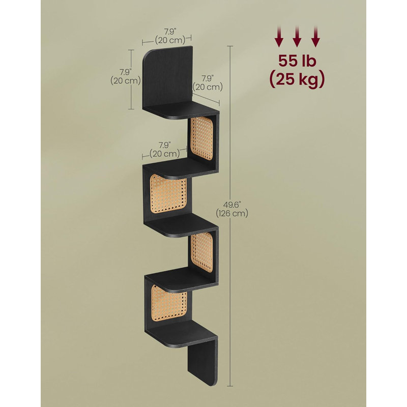 5-Tier Corner Shelf, Wall Mounted Floating Shelf, Zigzag Corner Shelf Unit, PVC Rattan Sides, Space-Saving, Black