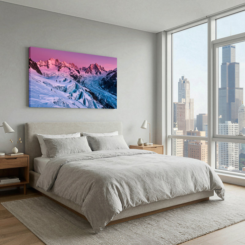 «Snowy Mountain Peaks and Blue Glaciers Under Pink Sky», art mural sur toile, 40“W x 20”H