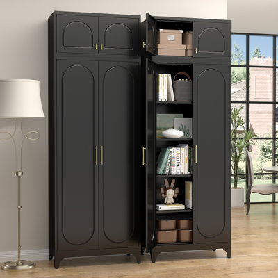 Kitchen Pantry Cabinet, 90" Tall Metal Storage Cabinet, Food Pantry Cabinets With Doors And Shelves, Storage Cabinets For Living Room, Dining, Black,16" D X 32" W X 90" H, Assembly Required