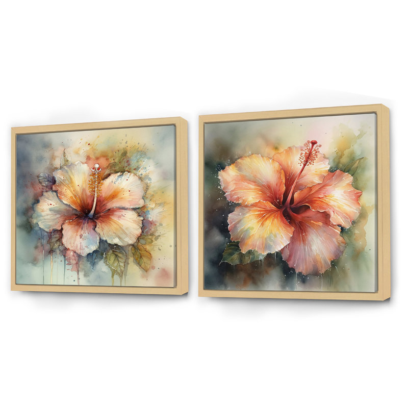 Pétales d'hibiscus orange vert - ensemble de 2 collages carrés d'hibiscus floraux, Cadre flottant brun, H 16 po x l 33 po