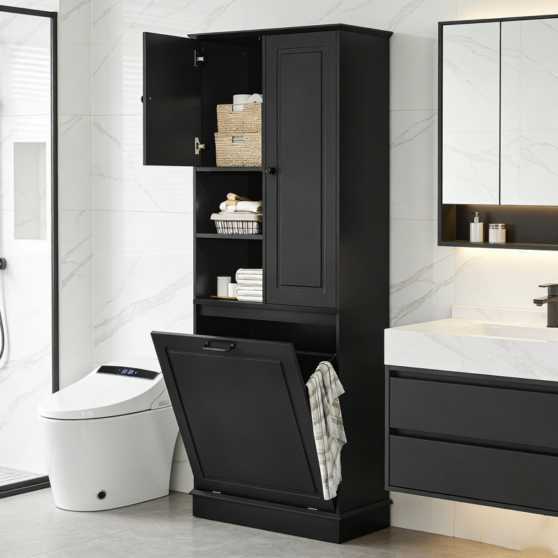 Armoire de salle de bain en panneau de fibres à densité moyenne de 30 po avec tablettes réglables, grand panier rabattable et armoires fermées, pour le rangement dans la salle de bain, le salon, le bureau