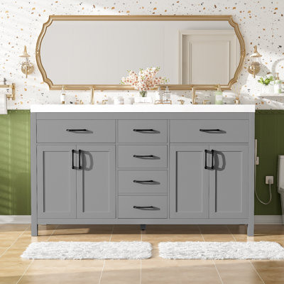 Meuble-lavabo moderne de 59,3 po avec structure en bois massif, double lavabo en SMC, charnières et glissières cachées, 4 portes, 3 tiroirs, 2 tiroirs rabattables, tablette en U