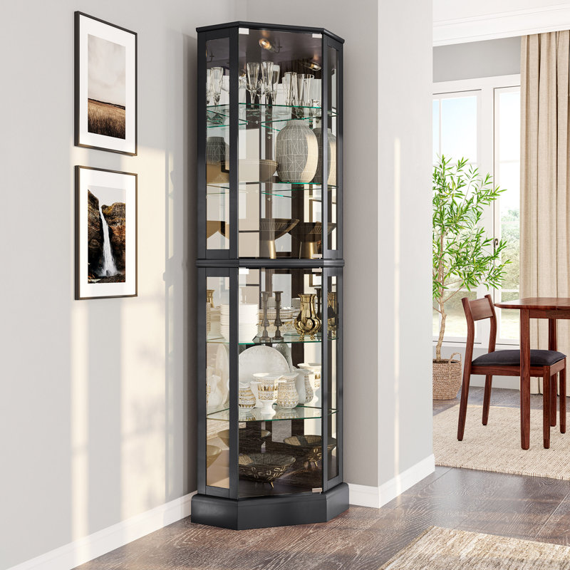 Schmidt Wood/Glass Lighted Corner Curio Cabinet 72" H, Black