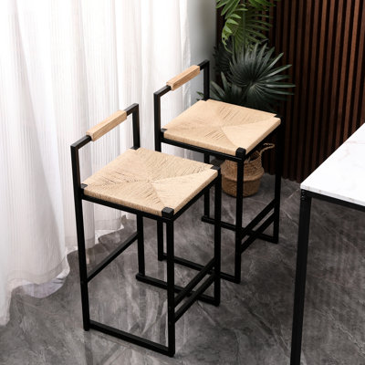 Counter Height Kitchen Chairs   Of 2 , Paper Rope Woven Seat, Metal Frame, Max 220Lbs Weight Capacity, Easy To Install 2 Attractive Stools With Back: & Natural Weave Seat