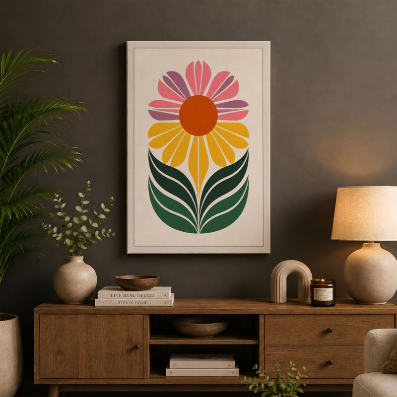 Geometric Blossom Botanical 1 Piece Wrapped Canvas Wall Art, 30x20 - 76.2 x 50.8 cm, Terracotta Border