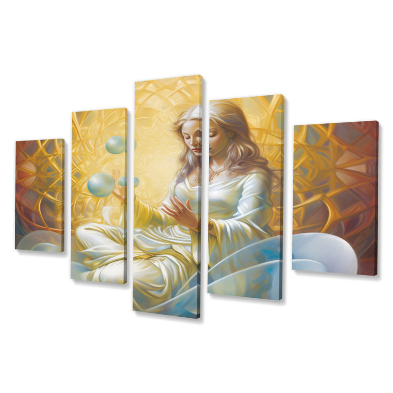 «Woman Goddess In Lotus Golden Meditation», art mural sur toile, 5 panneaux