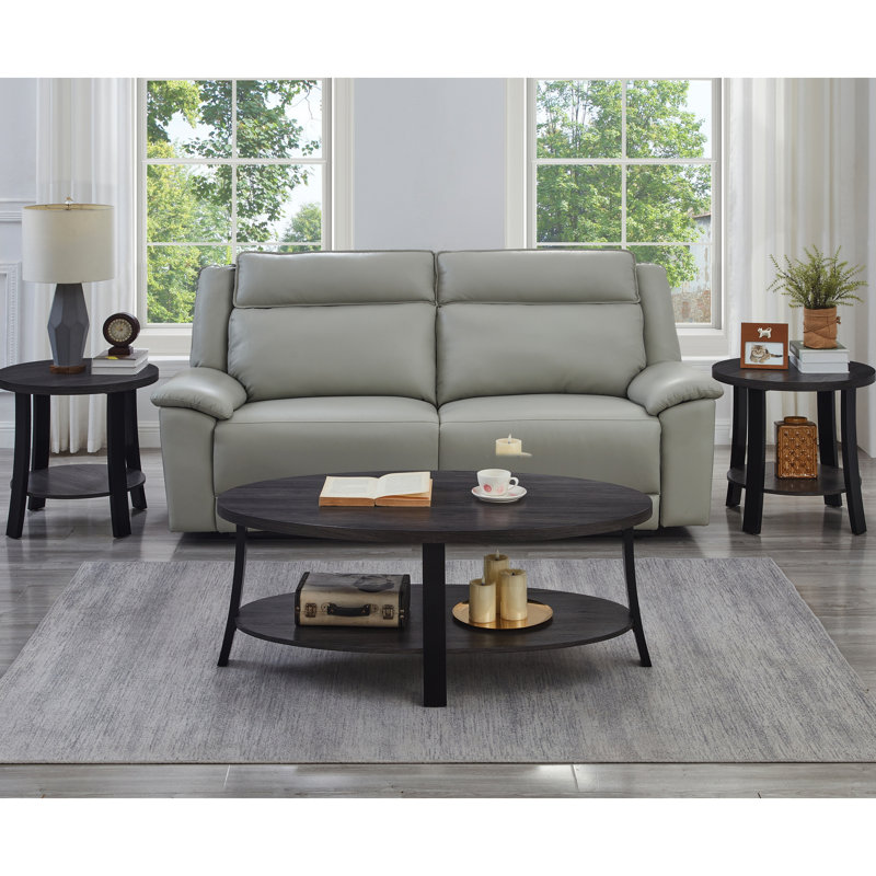 Table basse contemporaine à 3 tablettes ovales en bois avec tables de bout attachées, finition gris anthracite