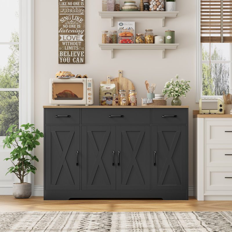 Buffet 55,1 po à 3 tiroirs et tablettes réglables Adra, Brun / Noir