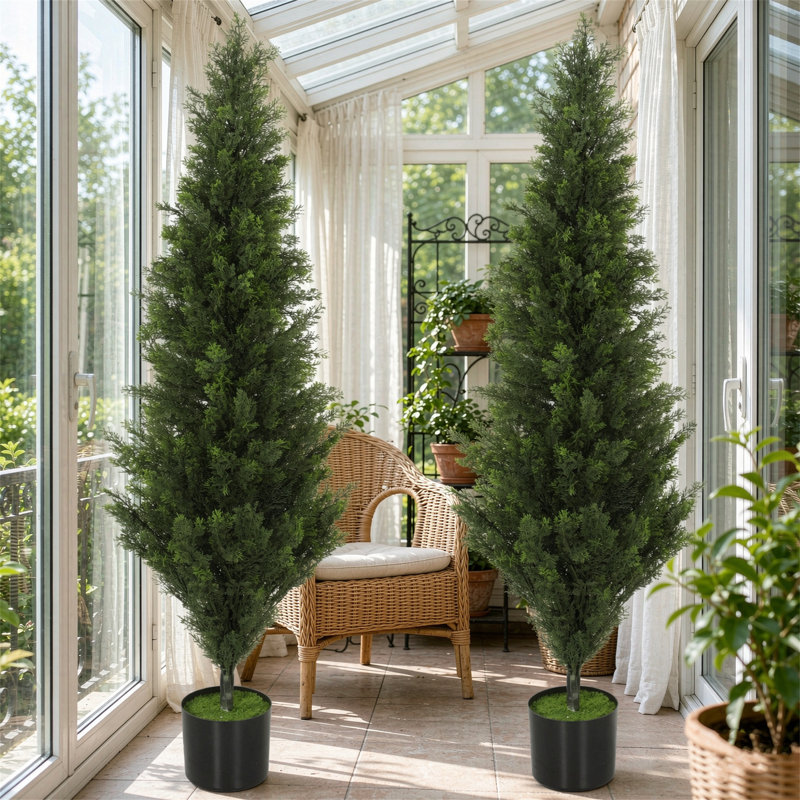 Faux Cypress Tree Plant in Cement Freestanding  Planter, 120cm H x 34cm W x 34cm D