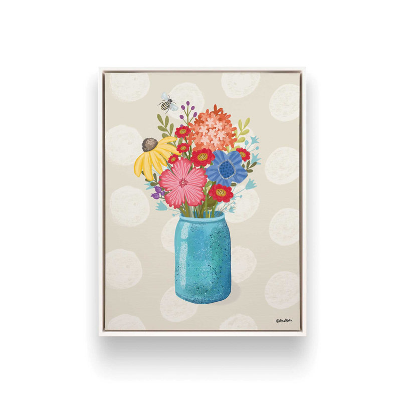 «Rainbow Blooms in Blue Vase» par Lisa Larson, reproduction d'art, L 30 x H 40, Toile avec cadre, Blanc