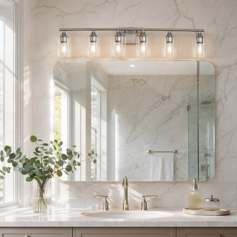 Applique murale de salle de bain à 6 lumières, fini nickel argenté brossé, abat-jour cylindrique en verre transparent, idéale pour les hôtels et les salles de bain principales.