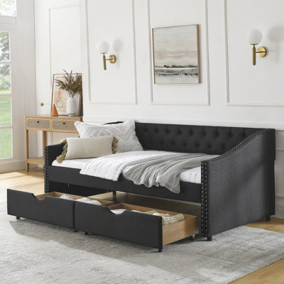 Lit de jour simple avec tiroirs, canapé-lit capitonné, avec bouton sur le dos et clou en cuivre sur les accoudoirs ondulés (81,5 po x 4 po x 30,5 po)