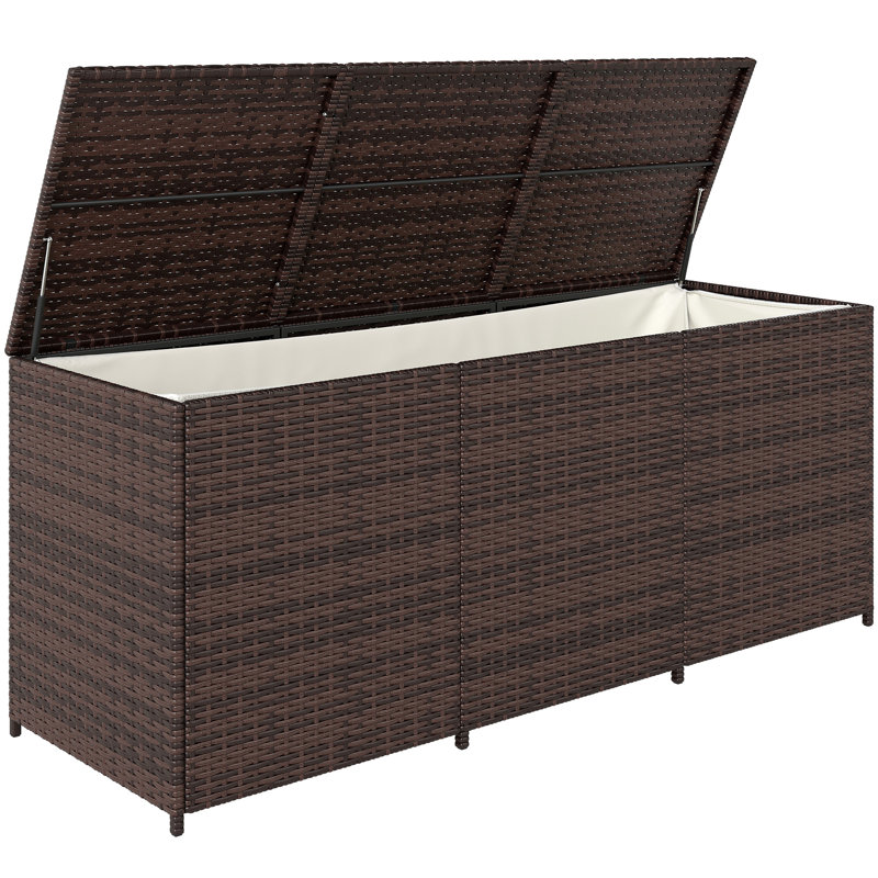Outsunny 175 Gallon Outdoor Storage Box with Inner Liner, PE Rattan Wicker Deck Box with Pneumatic Bar Lift for Indoor & Outdoor, Patio Furniture Cushions, Pool Supplies, Garden Tools, Mixed Brown