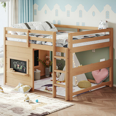 Full Size Playful Loft Bed with Sliding Chalkboard, Built-In Bookshelf, Safety Guardrails & Log Cabin Design,Light Natural