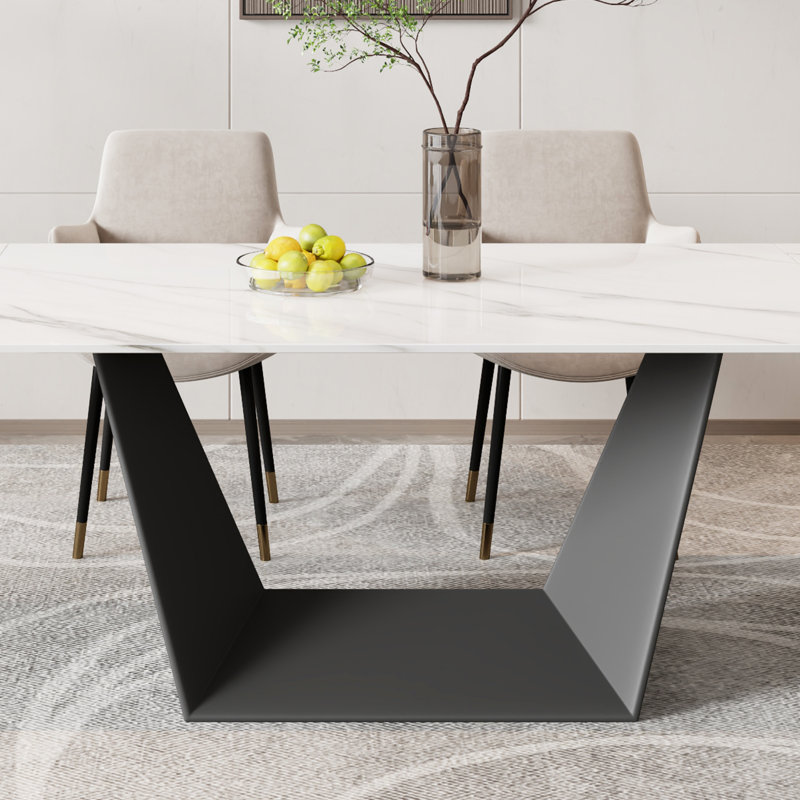63"-95"Extendable Dining Table For 6-10,White Glossy Sintered Stone Tabletop, Modern Kitchen Table with black Steel Legs