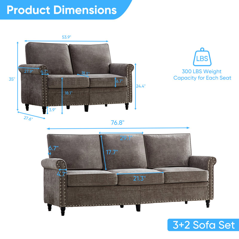 Ensemble de canapés en chenille 3 + 2 "76,8" d'une capacité de 300 lb / siège, coussins de ressorts ensachés épais, pieds en bois massif et housses de siège amovibles