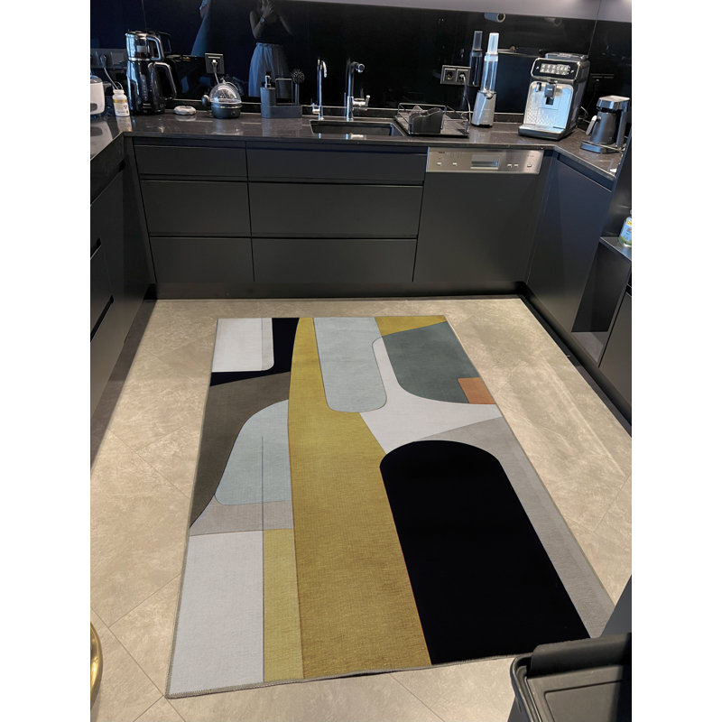 Tapis décoratif moderne multicolore à motifs mixtes jaune-beige, Rectangle 5 pi 1,02 po x 7 pi 6,55 po