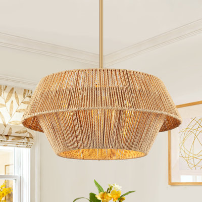 Lustre en rotin naturel tissé à la main à 4 lumières avec 2 niveaux pour îlot de cuisine, salle à manger, salon et vestibule Doiker