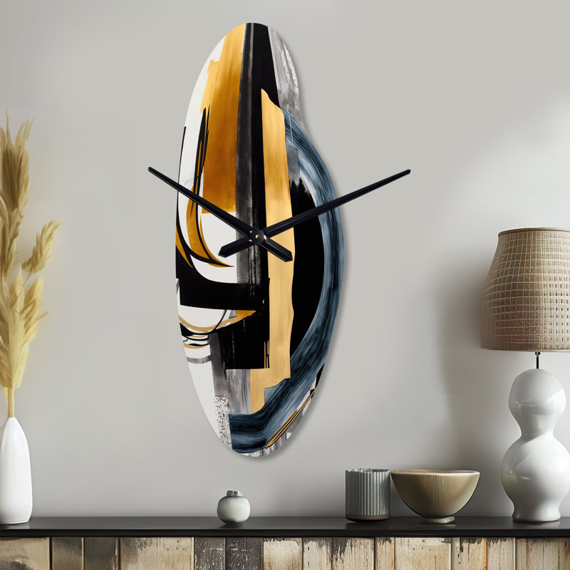 Horloge murale incurvée en métal Glam Gold and Black Expression II - Abstract Spirals, Médium