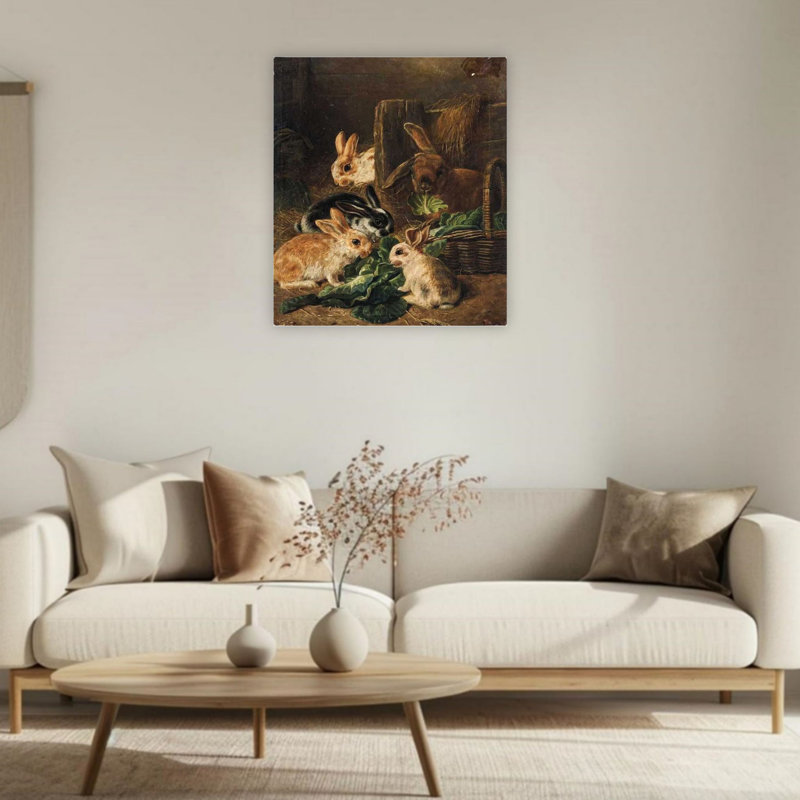«Classic Bunny Group Eating Greens In Barn», art mural sur toile non encadrée 24 po x 36 po