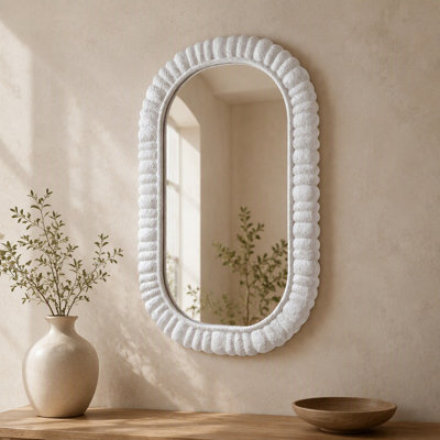 Raised Petal‑Textured Oval Wall Mirror, Wabi‑Sabi French Scalloped MDF Decor Mirror for Bathroom Vanity, Entryway, Bedroom