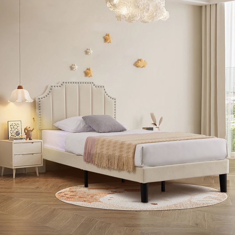 Lit simple avec tête de lit capitonnée réglable, lit plateforme, sommier à ressorts, aucun sommier requis, Lit simple, Beige