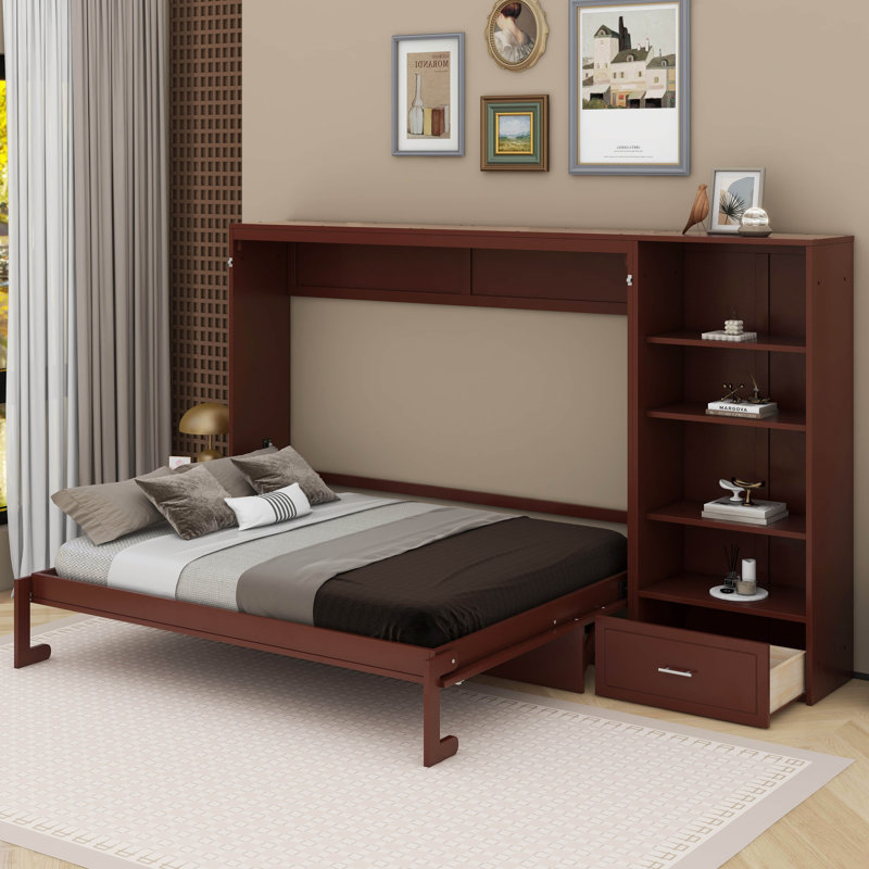 Queen Size Murphy Bed With Shelf, Walnut