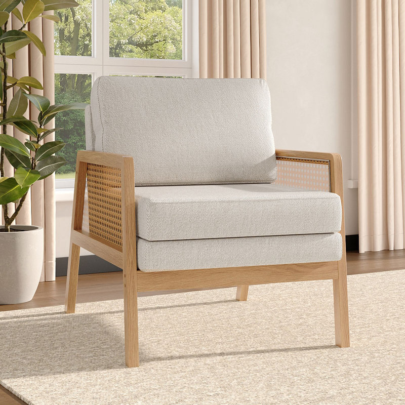 Wood Frame Upholstered Armchair Accent Chair, Beige Velvet, 86" H x 71" W x 87" D