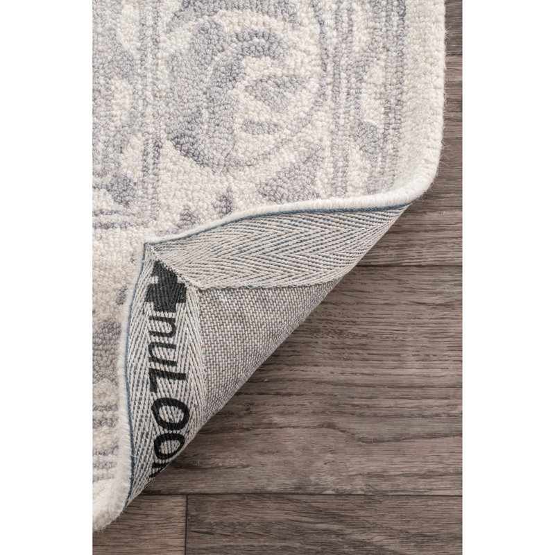 Tapis gris en laine crocheté à la main à motif floral Anemarie, Tapis de couloir 2 pi 6 po x 6 pi