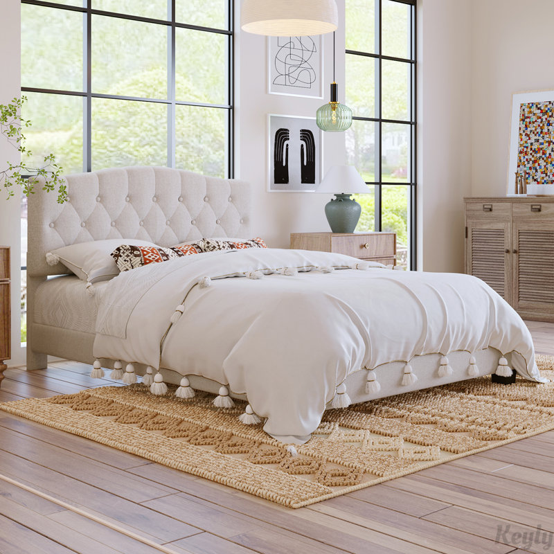 Upholstered Platform Bed with Saddle Curved Adjustable Headboard and Diamond Tufted Details, Queen