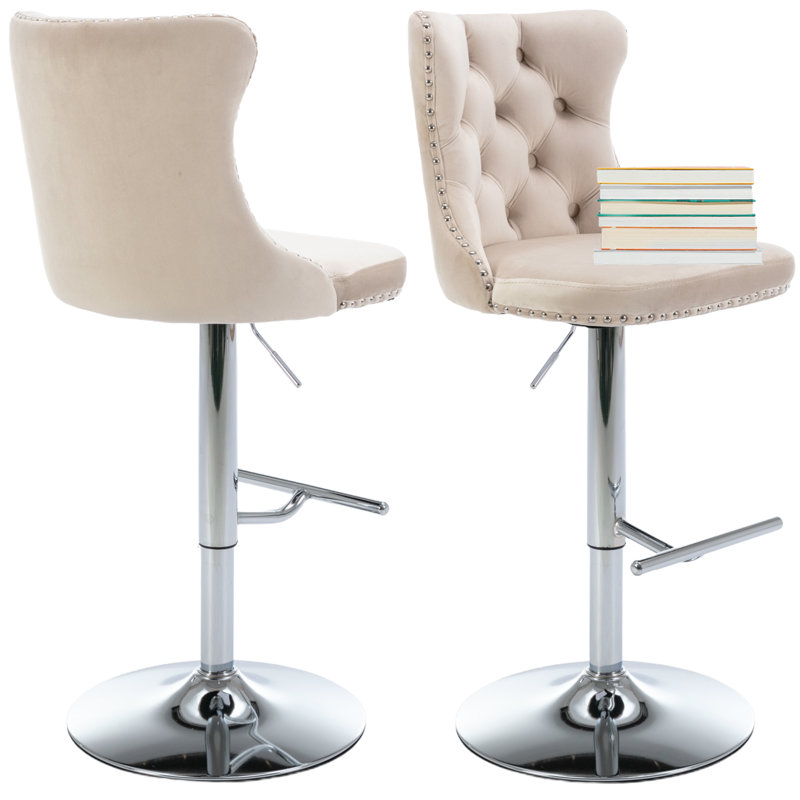 Beige Velvet Swivel Bar Stools with Chrome Base, Set of 2