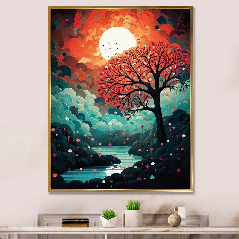Arbre rouge magique à côté de la pleine lune - impression, Cadre flottant doré, 32" H x 24" W
